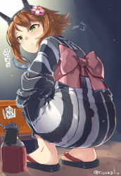 Rule 34 | 10s, 2girls, :t, ass, backlighting, black hair, black panties, bow, broken, brown hair, full body, green eyes, headphones, holding, japanese clothes, kantai collection, kimono, long sleeves, mini person, minigirl, multiple girls, mutsu (kancolle), nagato (kancolle), no socks, panties, pantylines, pout, red bow, sandals, sash, see-through, short hair, signature, size difference, striped clothes, striped kimono, text focus, torimaru, translation request, twitter username, underwear, water drop, wide sleeves, yukata, zouri