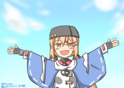 Rule 34 | 172cm, anchor necklace, blouse, blue background, blue shawl, blush, brown hair, day, fingerless gloves, fur hat, gloves, hair ornament, hairclip, hat, headgear, jacket, jewelry, kantai collection, long hair, long sleeves, necklace, open mouth, papakha, red shirt, shawl, shirt, solo, star (symbol), tagme, tashkent (kancolle), twintails, twitter username, very long hair, white jacket, yellow eyes