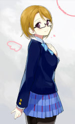 Rule 34 | 10s, 1girl, black pantyhose, blazer, blush, bowtie, brown hair, character name, glasses, hand on own chest, heart, jacket, koizumi hanayo, light smile, love live!, love live! school idol project, pantyhose, pleated skirt, purple eyes, sasamori tomoe, school uniform, short hair, skirt, solo, striped bow, striped bowtie, striped clothes