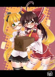 Rule 34 | 2girls, :p, adapted costume, ahoge, alternate costume, alternate hairstyle, bespectacled, blonde hair, bow, box, breasts, brown eyes, brown hair, detached sleeves, ditienan ddn, donation box, female focus, glasses, green eyes, hair bow, hakurei reimu, japanese clothes, kirisame marisa, large breasts, miko, multiple girls, one eye closed, school uniform, sunglasses, thighhighs, tongue, tongue out, touhou, twintails, wink