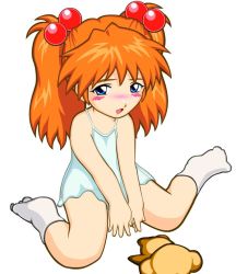 Rule 34 | 1girl, aged down, blue eyes, blush, child, female focus, full body, hair bobbles, hair ornament, looking at viewer, neon genesis evangelion, open mouth, orange hair, see-through, simple background, sitting, socks, solo, souryuu asuka langley, white background
