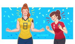 Rule 34 | 2018 fifa world cup, 2girls, ^ ^, absurdres, blush, brigitte (overwatch), brown hair, closed eyes, d.va (overwatch), closed eyes, happy, highres, multiple girls, muscular, open mouth, overwatch, overwatch 1, ponytail, smile, soccer, soccer uniform, south korea, sportswear, standing, sweden, teeth, tongue, world cup