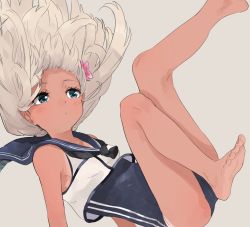 Rule 34 | 1girl, bare legs, barefoot, blue eyes, blush, closed mouth, crop top, feet, flower, hair flower, hair ornament, highres, kantai collection, leg up, legs, long hair, one-piece swimsuit, one-piece tan, ro-500 (kancolle), sailor collar, school swimsuit, simple background, solo, swimsuit, swimsuit under clothes, tan, tanline, wataro (watawatawatapon), white hair