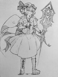 Rule 34 | 1girl, boots, cape, center frills, closed mouth, cross-laced footwear, frills, full body, greyscale, hat, hat ribbon, highres, holding, holding weapon, kanaria (bocmn), mob cap, monochrome, remilia scarlet, ribbon, shirt, short hair, short sleeves, simple background, sketch, skirt, solo, spear the gungnir, standing, touhou, traditional media, weapon, wrist cuffs