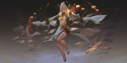 Rule 34 | 1girl, bare shoulders, black footwear, black gloves, bow, brown background, claw (weapon), closed mouth, detached sleeves, elbow gloves, floating, floating object, floating rock, frilled sleeves, frills, genshin impact, gloves, glowing, grey hair, hair ornament, hairpin, highres, leg tattoo, long hair, ningguang (genshin impact), open hands, orange bow, orange eyes, rock, single bare shoulder, smile, solo, tassel, tassel hair ornament, tattoo, vision (genshin impact), weapon, wide sleeves, youshun (naturaljuice)