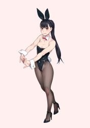Rule 34 | 1girl, animal ears, black footwear, black hair, black leotard, black pantyhose, bow, bowtie, breasts, brown eyes, commentary request, detached collar, full body, high heels, highleg, highleg leotard, highres, leotard, long hair, looking at viewer, original, pantyhose, playboy bunny, ponytail, rabbit ears, rabbit tail, red bow, red bowtie, side-tie leotard, small breasts, solo, strapless, strapless leotard, stretching, tail, wrist cuffs, yuuji (and)
