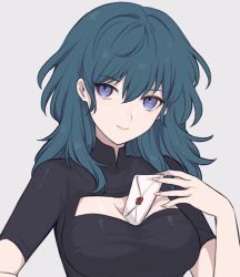 Rule 34 | 1girl, banned artist, between breasts, black shirt, blue eyes, blue hair, breasts, byleth (female) (fire emblem), byleth (fire emblem), cleavage, cleavage cutout, clothing cutout, fire emblem, fire emblem: three houses, grey background, hair between eyes, large breasts, letter, long hair, looking at viewer, nintendo, shimizu akina, shirt, short sleeves, simple background, smile, solo, upper body