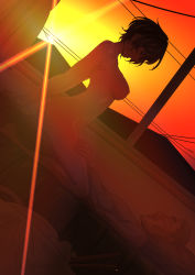 Rule 34 | 1boy, 1girl, age difference, black hair, breasts, closed eyes, commentary request, cowgirl position, diffraction spikes, dutch angle, evening, girl on top, hetero, indoors, kosokosomaru (higashi taishi), light rays, medium breasts, nipples, nude, old, old man, orange sky, original, profile, sex, shiny skin, short hair, sideboob, sky, straddling, sun, sunset, thighs, vaginal
