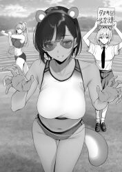 Rule 34 | 3girls, absurdres, animal ears, aviator sunglasses, bare arms, bare shoulders, breasts, collarbone, collared shirt, fake animal ears, gentsuki, greyscale, hairband, highres, holding, holding sign, large breasts, long hair, looking at viewer, monochrome, multiple girls, navel, necktie, original, outdoors, parted lips, pleated skirt, ponytail, shirt, shirt tucked in, short hair, short sleeves, sign, skirt, smile, sports bra, sportswear, standing, sunglasses, tail, translation request