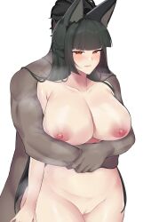 1boy 1girl absurdres animal_ear_fluff animal_ears black_hair blunt_bangs blush breasts closed_mouth collarbone completely_nude cowboy_shot dark-skinned_male dark_skin fox_ears fox_girl highres hoshimi_miyabi hug hug_from_behind large_breasts looking_at_viewer nipples nude pussy red_eyes sidelocks simple_background uncensored vinsaint white_background zenless_zone_zero