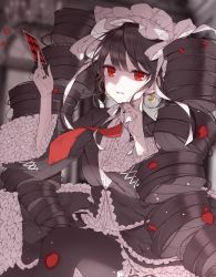 Rule 34 | 1girl, bad id, bad pixiv id, bell, bell earrings, between fingers, black hair, black jacket, black nails, black skirt, black thighhighs, blurry, blurry background, bow, breasts, card, celestia ludenberg, center frills, claw ring, commentary request, danganronpa: trigger happy havoc, danganronpa (series), depth of field, drill hair, earrings, feet out of frame, frilled hairband, frilled skirt, frilled sleeves, frills, hair between eyes, hair bow, hairband, hands up, highres, holding, holding card, jacket, jewelry, jingle bell, long sleeves, looking at viewer, mattang, medium breasts, nail polish, necktie, parted lips, petals, playing card, red eyes, red necktie, ribbon-trimmed legwear, ribbon trim, shirt, skirt, solo, thighhighs, twin drills, twintails, white bow, white hairband, white shirt, wide sleeves
