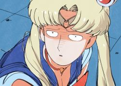 Rule 34 | 1boy, bishoujo senshi sailor moon, blonde hair, blue sailor collar, choker, cosplay, derivative work, diadem, from side, heart, heart choker, highres, jitome, looking at viewer, looking to the side, male focus, meme, one-punch man, parted lips, red choker, sailor collar, sailor moon, sailor moon (cosplay), sailor moon redraw challenge (meme), saitama (one-punch man), school uniform, serafuku, shirt, solo, the golden smurf, turn pale, twintails, upper body, white shirt