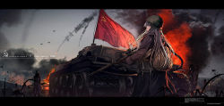 Rule 34 | 6+girls, aircraft, airplane, army, artist name, backpack, bag, battlefield, black hair, bolt action, coat, commentary, communist flag, fire, flag, from side, graphite (medium), grey hair, gun, haguruma c, hair between eyes, hammer and sickle, hammer and sickle print, helmet, highres, holding, holding gun, holding weapon, letterboxed, long hair, long sleeves, looking away, military, military uniform, military vehicle, mosin-nagant, motor vehicle, multiple girls, original, parted lips, red eyes, red flag, rifle, russian commentary, russian text, scope, sky, sniper rifle, soldier, solo focus, soviet, soviet army, soviet flag, standing, star (symbol), t-34, tank, traditional media, uniform, vehicle, vehicle focus, war, weapon, weapon on back