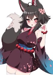 Rule 34 | 1girl, animal ear fluff, animal ears, bare shoulders, bead belt, bead bracelet, beads, black hair, black tail, blush, bracelet, breasts, commission, detached sleeves, floral print, flower, fox ears, fox girl, fox shadow puppet, fox tail, hair flower, hair ornament, highres, holding tail, jewelry, large breasts, looking at viewer, original, red eyes, short hair, simple background, skeb commission, smile, solo, tail, tsukimirin