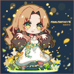 Rule 34 | 1girl, aerith gainsborough, aerith gainsborough (white floral dress), blue background, border, breasts, brown border, brown hair, chibi, cleavage, dress, dress flower, falling petals, final fantasy, final fantasy vii, final fantasy vii rebirth, final fantasy vii remake, flower, full body, green eyes, hiyunagi, light blush, lily (flower), long dress, long hair, medium breasts, official alternate costume, open mouth, outstretched arms, parted bangs, petals, rose, sidelocks, smile, solo, strapless, strapless dress, wavy hair, white dress, white footwear, yellow flower, yellow petals, yellow rose