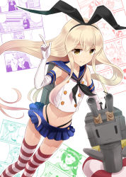Rule 34 | 10s, 1girl, blonde hair, brown eyes, elbow gloves, gloves, hairband, innertube, kantai collection, long hair, meet (105r), rensouhou-chan, ribbon, sailor collar, shimakaze (kancolle), smile, striped clothes, striped thighhighs, swim ring, thighhighs