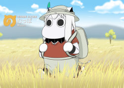 Rule 34 | (o) (o), 10s, abyssal ship, backpack, bag, blue sky, bucket hat, character name, cloud, collar, comic, commentary request, cosplay, day, grass, hat, hat feather, horns, japari symbol, kaban (cosplay), kaban (kemono friends), kaban (kemono friends) (cosplay), kantai collection, kemono friends, long hair, moomin, mountain, muppo, northern ocean princess, outdoors, pants, pun, red shirt, sazanami konami, shirt, short sleeves, sidelocks, sky, solo, t-shirt, tail, translation request, tree, white hair