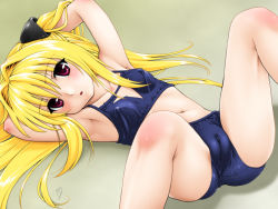 Rule 34 | 00s, 1girl, armpits, arms up, blonde hair, breasts, cameltoe, cleft of venus, covered erect nipples, fuji shinobu, konjiki no yami, long hair, looking at viewer, lying, midriff, navel, on back, open mouth, purple eyes, red eyes, small breasts, solo, to love-ru