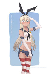 Rule 34 | 10s, 1girl, blonde hair, blush, bow, crop top, dandon fuga, elbow gloves, gloves, hair bow, kantai collection, miniskirt, navel, sailor collar, salute, shimakaze (kancolle), skirt, sleeveless, solo, stomach, striped clothes, striped thighhighs, thighhighs, torn clothes, torn skirt, torn thighhighs