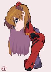 Rule 34 | 1girl, :/, artist request, ass, blue eyes, bodysuit, breasts, brown hair, chibi, closed mouth, full body, hands on own hips, highres, long hair, looking at viewer, looking back, neon genesis evangelion, pilot suit, plugsuit, red bodysuit, shiny clothes, simple background, solo, souryuu asuka langley, tsundere, very long hair