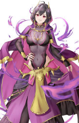 Rule 34 | 1girl, absurdres, aged up, alternate costume, amayo thranana, black hair, breasts, cleavage, corruption, covered navel, dark persona, energy, fire emblem, fire emblem awakening, grima (fire emblem), head tilt, highres, large breasts, looking at viewer, magic, morgan (female) (fire emblem), morgan (fire emblem), nintendo, purple eyes, short hair, solo, white background