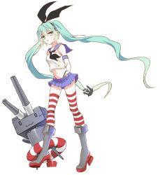 Rule 34 | 1girl, anchor, aqua eyes, aqua hair, ayumi (xiwu), boots, cosplay, crop top, crop top overhang, crossover, gloves, grey footwear, hairband, hatsune miku, highres, kantai collection, lifebuoy, long hair, midriff, navel, rensouhou-chan, ribbon, sailor collar, shimakaze (kancolle), shimakaze (kancolle) (cosplay), solo, striped clothes, striped thighhighs, swim ring, thighhighs, twintails, very long hair, vocaloid
