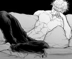 Rule 34 | 1boy, abs, bandages, barefoot, blindfold, full body, gojou satoru, greyscale, head rest, jujutsu kaisen, male focus, monochrome, muscular, muscular male, nay bb, pants, pectorals, pillow, short hair, sitting, solo, topless male