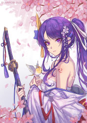 Rule 34 | 1girl, alternate hairstyle, bandages, bare shoulders, bird, breasts, cherry blossoms, chest sarashi, cleavage, commentary, genshin impact, highres, holding, holding sword, holding weapon, japanese clothes, katana, kimono, long hair, long sleeves, looking at viewer, medium breasts, nairobi song, off shoulder, petals, ponytail, purple eyes, purple hair, purple kimono, raiden shogun, sarashi, shoulder tattoo, sidelocks, solo, sword, tattoo, very long hair, weapon, wide sleeves