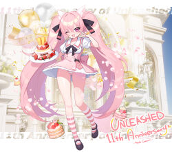 Rule 34 | 1girl, animal ears, apple caramel, balloon, black bow, bow, breasts, cake, cat ears, character request, food, full body, highres, holding, holding tray, long hair, looking at viewer, medium breasts, one eye closed, open mouth, panties, pink skirt, shirt, skirt, smile, socks, solo, striped clothes, striped panties, striped socks, tray, twintails, underwear, unleashed, v, very long hair, white shirt