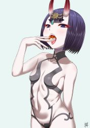 Rule 34 | 1girl, bare shoulders, bob cut, breasts, collarbone, dango, eating, eyeliner, fate/grand order, fate (series), food, guriguri (arayotto4351), headpiece, highres, horns, looking at viewer, makeup, oni, open mouth, purple eyes, purple hair, short hair, shuten douji (fate), simple background, skin-covered horns, small breasts, solo, tongue, tongue out, tsukimi dango, wagashi