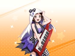 Rule 34 | 1girl, bang dream!, black bow, black hair, blush, bow, brown eyes, choker, dotted background, four pointed star, ghost, hazawa tsugumi, instrument, keyboard (instrument), keytar, official art, orange background, ragged clothes, short hair, shoulder strap, smile, stitched mouth, stitches