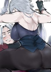 Rule 34 | 1boy, 1girl, absurdres, ass, back, backless outfit, black pants, black shirt, blush, breasts, brother and sister, dante (devil may cry), devil may cry (series), genderswap, genderswap (mtf), grey eyes, grey hair, highres, holding, holding sword, holding weapon, huge ass, incest, jacket, katana, kurenaiz (kuayrenaiz), large breasts, long hair, looking at another, looking down, looking up, pants, red jacket, shirt, short hair, siblings, simple background, sitting, sitting on person, sleeveless, sword, tight clothes, twitter username, vergil (devil may cry), weapon, white background