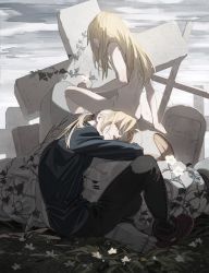 Rule 34 | 2boys, alphonse elric, armor, automail, bandaged head, bandages, barefoot, black pants, black shirt, blonde hair, brothers, collared shirt, completely nude, cross, crying, crying with eyes open, edward elric, flower, full armor, fullmetal alchemist, grave, graveyard, hair down, half-closed eyes, head rest, long hair, long sleeves, low ponytail, male focus, multiple boys, nude, hugging object, on floor, on ground, outdoors, overcast, overgrown, p0ckylo, pants, plant, ponytail, prosthesis, prosthetic leg, shirt, shoes, siblings, single shoe, sitting, sky, tears, vines, white flower, yellow eyes