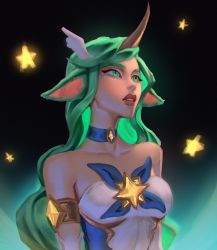 Rule 34 | 1girl, bare shoulders, breasts, choker, collarbone, gradient background, green choker, green eyes, green hair, highres, horns, large breasts, league of legends, long hair, looking up, official alternate costume, parted lips, red lips, single horn, solo, soraka (league of legends), star (symbol), star guardian (league of legends), star guardian soraka, teeth, upper body, vatheja