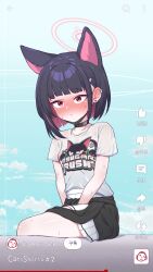 Rule 34 | 1girl, animal ears, black choker, black hair, blue archive, blush, cat ears, choker, closed mouth, clothes around waist, colored inner hair, doodle sensei (blue archive), earrings, halo, highres, jacket, jacket around waist, jewelry, kazusa (band) (blue archive), kazusa (blue archive), mask pull, multicolored hair, open mouth, pink hair, pink halo, pleated skirt, rla13753, sensei (blue archive), shirt, short hair, short sleeves, sitting, skirt, solo, stud earrings, sweat, t-shirt, user interface, white shirt