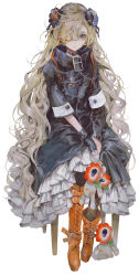 Rule 34 | 1girl, black dress, black gloves, black legwear, blonde hair, boots, buttons, chain, chair, check copyright, choker, copyright request, dress, expressionless, fingerless gloves, flower, frills, gloves, hair flower, hair ornament, hair over one eye, highres, kamitsubaki studio, leaf, long hair, long sleeves, looking at viewer, original, red flower, simple background, sitting, solo, stuffed animal, stuffed toy, very long hair, white background, yogisya