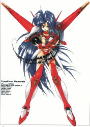 Rule 34 | 1990s (style), 1girl, ahoge, akitaka mika, armor, blue eyes, blue hair, boots, bridal garter, character name, choker, crossed arms, elbow gloves, full body, ginga ojou-sama densetsu yuna, gloves, greaves, highres, knee boots, liavelt von neuestein, long hair, magic, matching hair/eyes, mecha musume, official art, open mouth, pauldrons, red armor, retro artstyle, scan, shoulder armor, sidelocks, simple background, solo, thigh strap, white background
