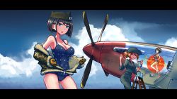 Rule 34 | 2girls, aircraft, airplane, aqua eyes, belt, black hair, blonde hair, blue sky, bodysuit, breasts, brown gloves, cameltoe, cleavage, cloud, commentary, covered navel, erica (naze1940), garrison cap, gloves, grin, hat, highres, jacket, jumpsuit, letterboxed, looking at viewer, military hat, multiple girls, one-piece swimsuit, open clothes, open jacket, open mouth, original, outdoors, paint can, paintbrush, polka dot, polka dot swimsuit, ponytail, short hair, sky, smile, swimsuit