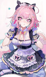 Rule 34 | 1girl, absurdres, ahoge, apron, black hat, blue hair, blush, boots, braid, breasts, censored, cleavage, closed mouth, clothing cutout, commentary request, double middle finger, dress, frilled dress, frilled pillow, frills, gloves, hair ornament, hat, heart, heart cutout, highres, idolmaster, idolmaster cinderella girls, idolmaster cinderella girls starlight stage, large breasts, looking at viewer, middle finger, multicolored clothes, multicolored dress, multicolored hair, pantyhose, pillow, pink hair, pointless censoring, short hair, short sleeves, sitting, skull hair ornament, solo, star (symbol), star hair ornament, striped clothes, striped pantyhose, two-tone hair, u tnmn, wrist cuffs, yumemi riamu