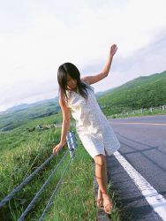 Rule 34 | 1girl, asian, bare legs, dress, dutch angle, kawamura yuki, long hair, mountain, outdoors, photo (medium), solo, sundress, tagme