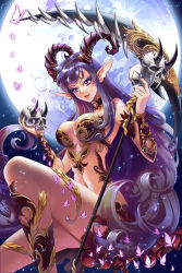 Rule 34 | 10s, 1girl, blue hair, breasts, bug, butterfly, chain chronicle, cleavage, demon girl, fang, full moon, gradient background, hateko tanuki, highres, horns, insect, large breasts, long hair, midriff, moon, navel, parted lips, pointy ears, purple eyes, scythe, skull, sky, smile, star (sky), starry sky, very long hair, wavy hair
