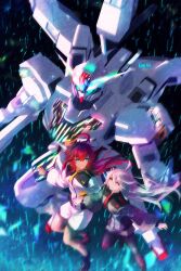 Rule 34 | 2girls, absurdres, asticassia school uniform, beam cannon, black hairband, commentary, energy cannon, english commentary, glowing, glowing eyes, green eyes, grey eyes, gundam, gundam calibarn, gundam suisei no majo, hairband, highres, holding cannon, holding hands, mecha, miorine rembran, mobile suit, multiple girls, red hair, rideth mochi, robot, school uniform, science fiction, signature, smile, suletta mercury, thick eyebrows, thrusters, v-fin, white hair, yuri
