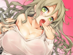 Rule 34 | 1girl, blush, bra, breasts, brown hair, cleavage, drooling, dutch angle, green eyes, hair between eyes, halftone, halftone background, huge breasts, licking, licking finger, long hair, non-web source, off shoulder, original, red bra, see-through, serizawa mutsuki, solo, strap slip, tongue, tongue out, underwear, upper body