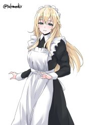Rule 34 | 1girl, alternate costume, apron, black dress, blonde hair, blue eyes, braid, cowboy shot, dress, enmaided, french braid, frilled apron, frills, highres, kantai collection, long hair, long sleeves, maid, maid apron, maid headdress, parted lips, simple background, smile, solo, standing, takomeshi, warspite (kancolle), white apron, white background