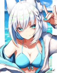 Rule 34 | 1girl, animal ear fluff, animal ears, aqua eyes, bare shoulders, beach, bikini, blue kimono, blue nails, collarbone, eyelashes, fang, fang out, fox ears, fox shadow puppet, front-tie bikini top, front-tie top, hair between eyes, halterneck, highres, hololive, inre kemomimi, jacket, japanese clothes, kimono, long hair, looking at viewer, nail polish, off shoulder, shirakami fubuki, shirakami fubuki (hololive summer 2019), skin fang, solo, summer, swimsuit, upper body, virtual youtuber, white hair, white jacket