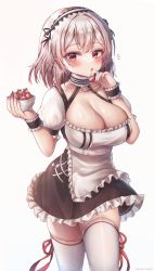 Rule 34 | 1girl, anchor symbol, apron, azur lane, black hairband, breasts, brown dress, cleavage, collar, cup, dress, food, frilled apron, frills, fruit, hairband, highres, himeno ame, holding, holding cup, holding food, large breasts, looking at viewer, metal collar, puffy short sleeves, puffy sleeves, red eyes, red ribbon, ribbon, short hair, short sleeves, simple background, sirius (azur lane), solo, strawberry, thighhighs, two-tone dress, waist apron, white apron, white background, white hair, white thighhighs, zettai ryouiki