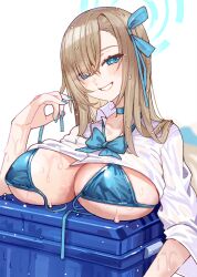 Rule 34 | 1girl, asuna (blue archive), bikini, blue archive, blue bikini, blue bow, blue bowtie, blue choker, blue eyes, blue nails, bow, bowtie, breast rest, breasts, brown hair, choker, commentary request, fingernails, hair ribbon, highres, large breasts, long hair, nail polish, ribbon, ryuuno6, school uniform, shirt, smile, swimsuit, wet, wet clothes, wet hair, wet shirt