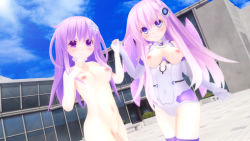 Rule 34 | 2girls, 3d, blush, breasts, breasts out, dual persona, multiple girls, nepgear, neptune (series), nipples, nude, purple eyes, purple hair, pussy, thighhighs
