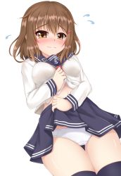 Rule 34 | 10s, 1girl, anchor symbol, black thighhighs, blouse, blush, breasts, brown hair, hair ornament, hairclip, highres, ikazuchi (kancolle), kantai collection, long sleeves, looking at viewer, neckerchief, panties, pleated skirt, red neckerchief, school uniform, serafuku, shirt, short hair, skirt, small breasts, solo, tears, thighhighs, underwear, unico kasumi, wavy mouth, white panties