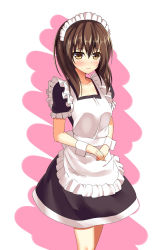 Rule 34 | 10s, 1girl, absurdres, alternate costume, apron, blush, brown eyes, brown hair, enmaided, highres, inuikentarou, kantai collection, maid, maid apron, maid headdress, own hands together, short hair, short sleeves, solo, taihou (kancolle)